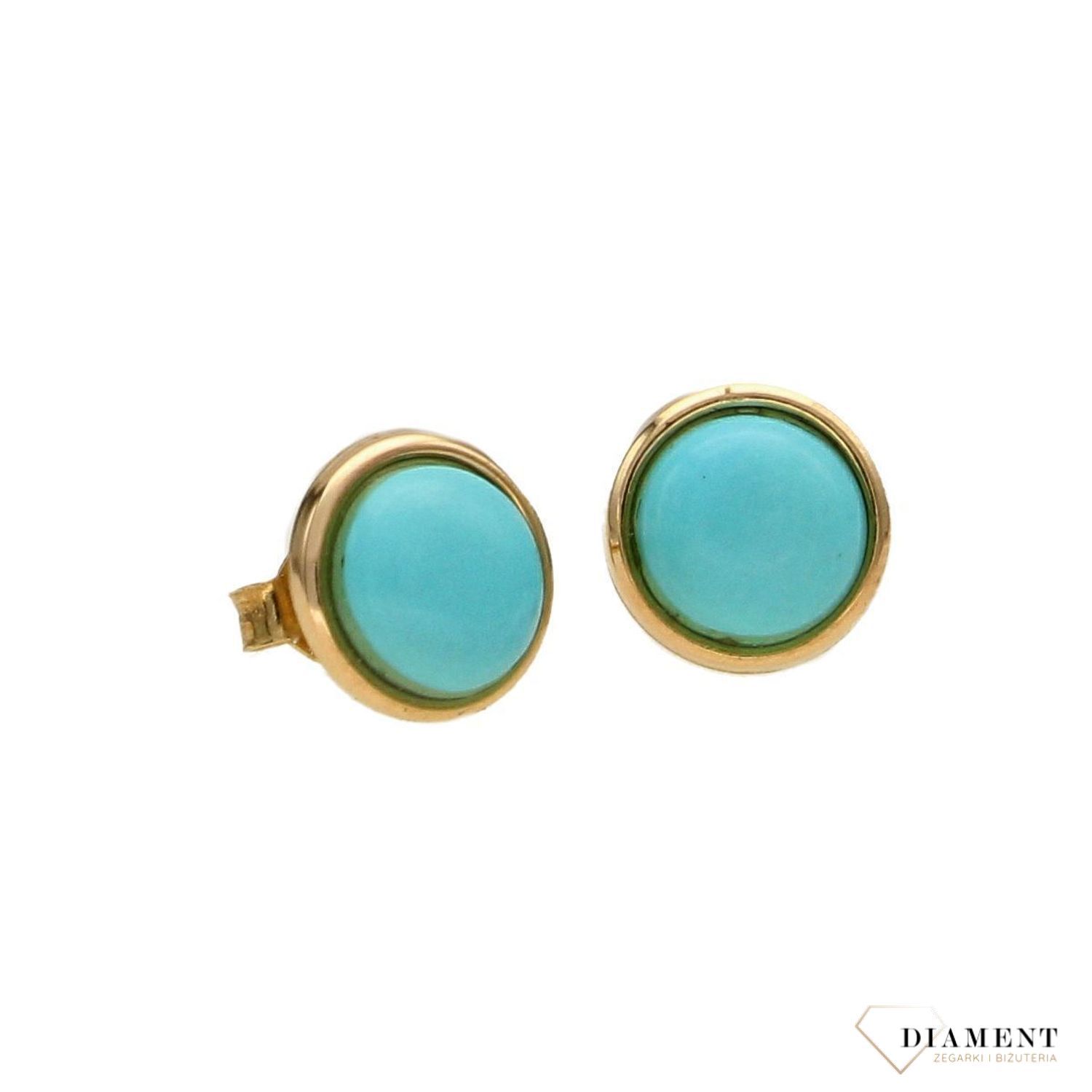 Złote kolczyki 585 przy uchu kółka z turkusem KL 9401A.jpg